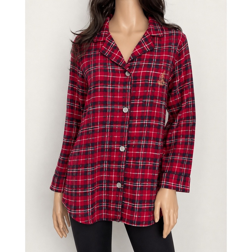 Lauren Ralph Lauren Red Plaid Flannel Sleep Shirt Women XL Cotton Nightgown